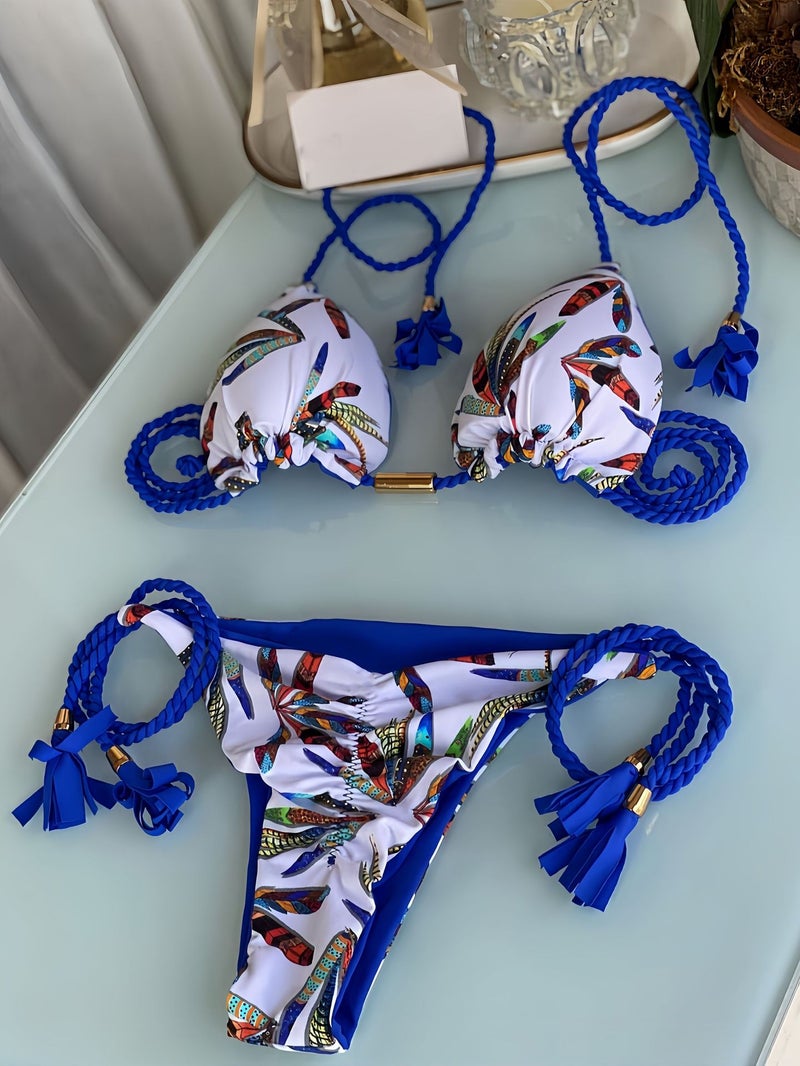 Printed Fabric Rope Bikini Triangle Swimsuit Swimwear - Image 1